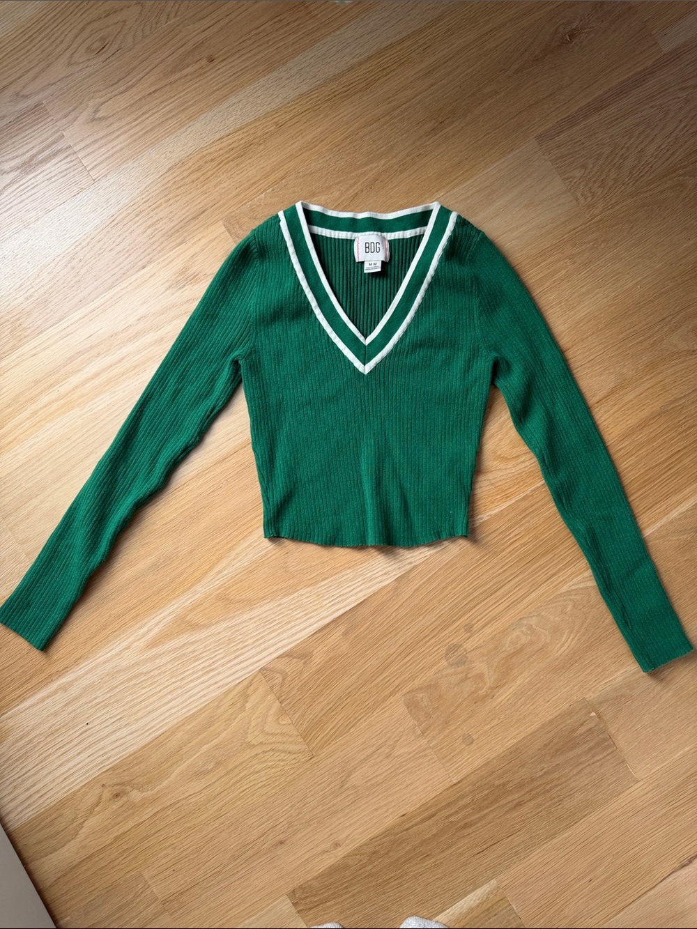 BDG Green V-Neck Ribbed Sweater with White Trim